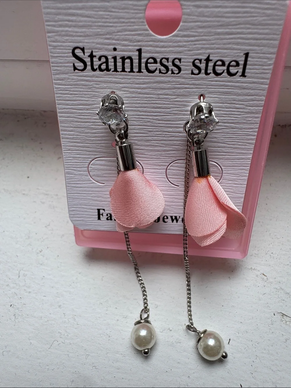 Stainless Steel Pink Flower Drop Earrings with Pearl Accent
